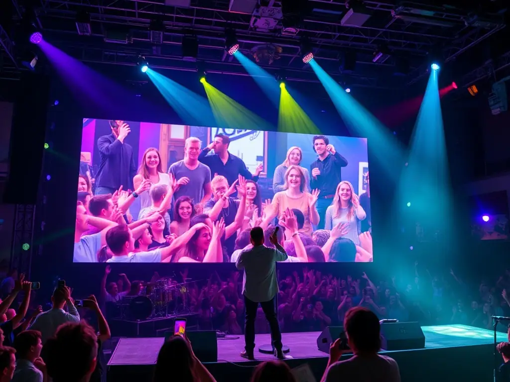 A musician performing in a virtual concert, engaging with fans displayed on a large screen.