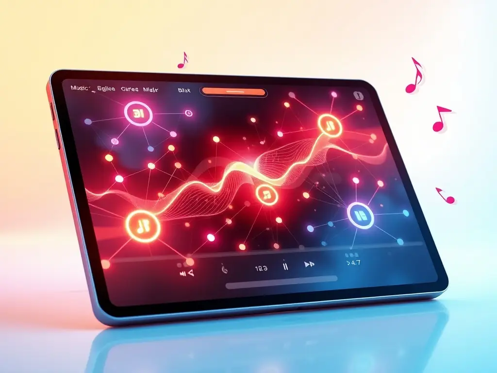 A digital music platform interface on a tablet with blockchain elements and floating music notes.