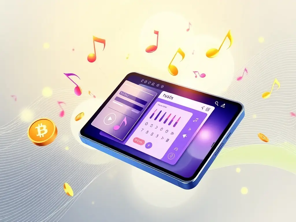 A digital wallet interface with floating music notes and cryptocurrency symbols.